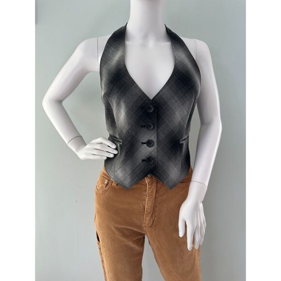 Banana Republic Black & Grey Plaid Halter Vest size 10 Y2k Style - Picture 7 of 10